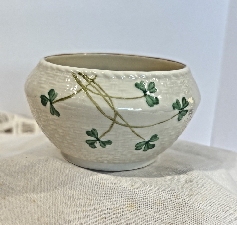 Belleek Ireland Millennium 2000 Shamrock Bowl Basketweave 4.5” Irish Porcelain